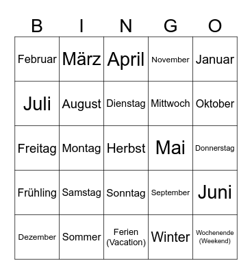 Jahreszeiten, Monate, Tage Bingo Card