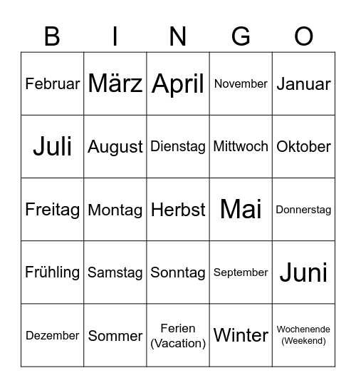Jahreszeiten, Monate, Tage Bingo Card