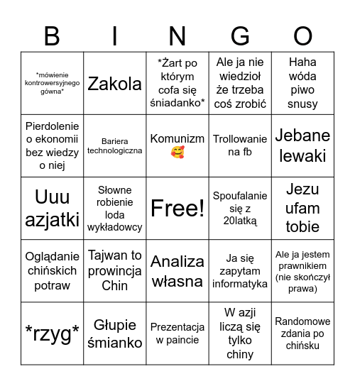 Orientalne Bingo Card