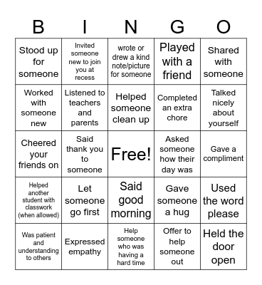 Acts of Kindness Bingo Card