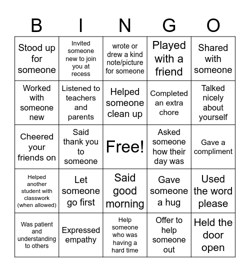 Acts of Kindness Bingo Card