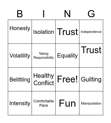 Relationship Bingo Card