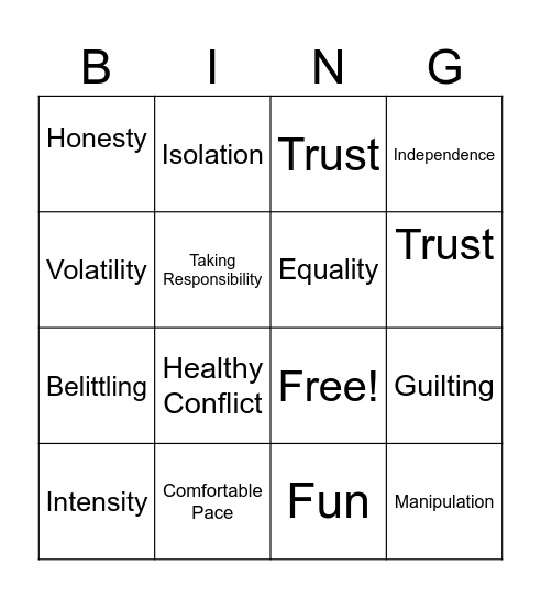 Relationship Bingo Card