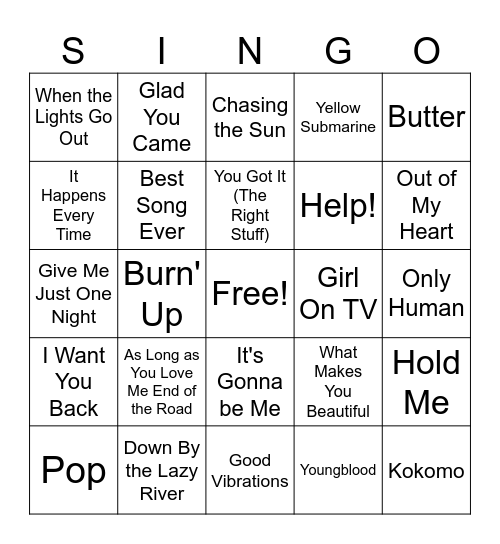 Boy Bands Bingo Card