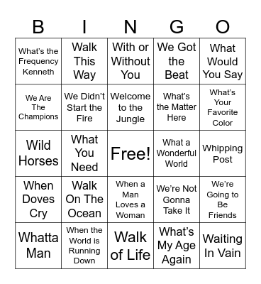 W Songs Bingo Card