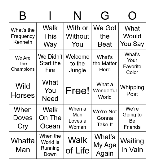 W Songs Bingo Card