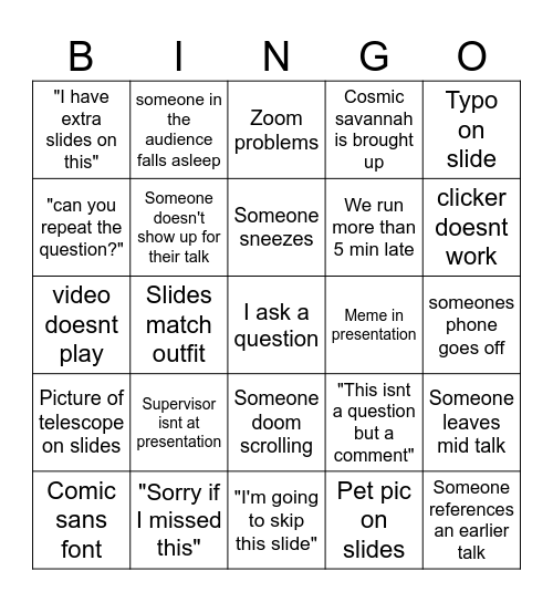 Student Talks Bingo Card