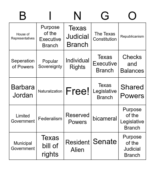 Texas Government Bingo Card