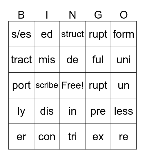 Morpheme Bingo Card