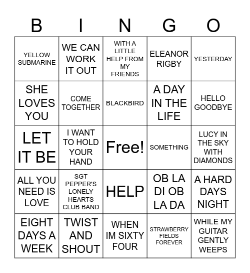 Beatles Bingo Card