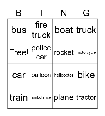 vehicle Bingo Card