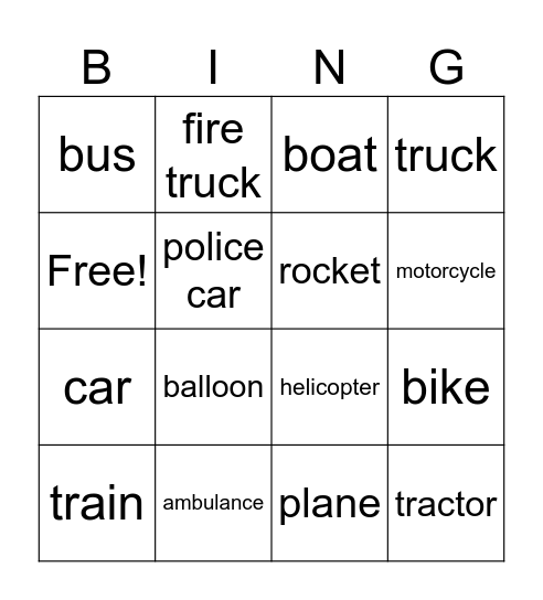 vehicle Bingo Card