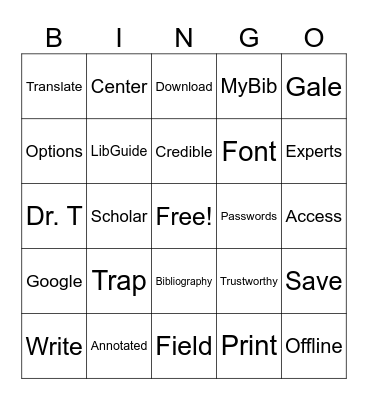 Database Overview with Dr. T Bingo Card