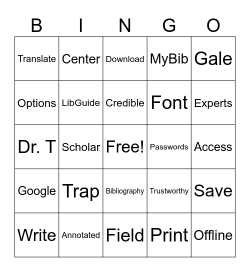 Database Overview with Dr. T Bingo Card