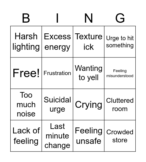 The Tism Bingo Card