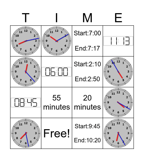 Clock Bingo Card