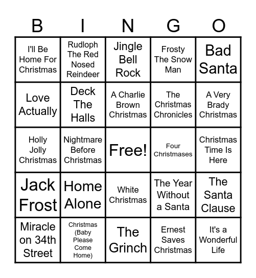 Christmas Movies & Songs Bingo Card