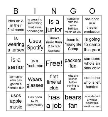Young Life Bingo Card