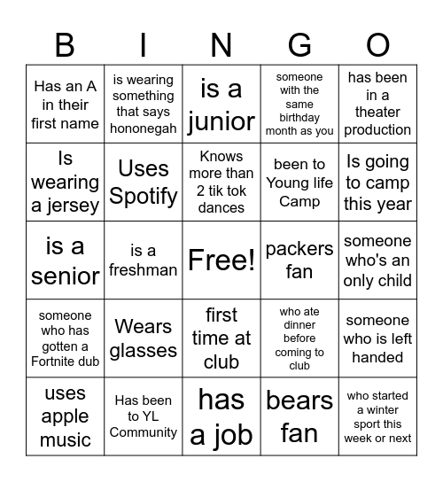 Young Life Bingo Card