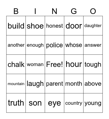 Heart Word Bingo Card