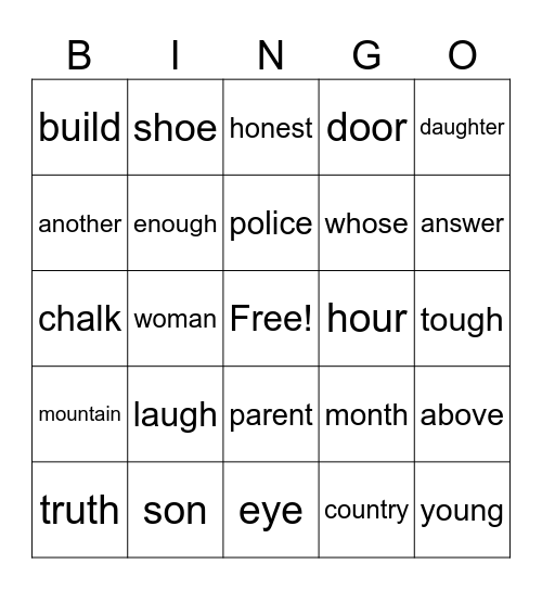 Heart Word Bingo Card