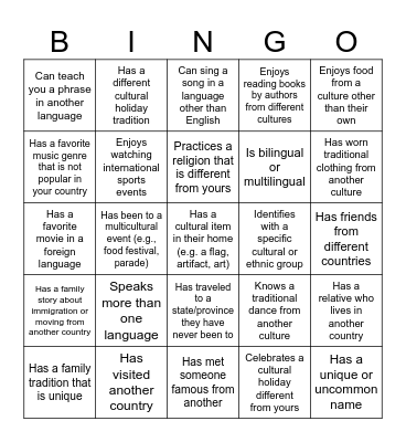 Cultural Bingo Card