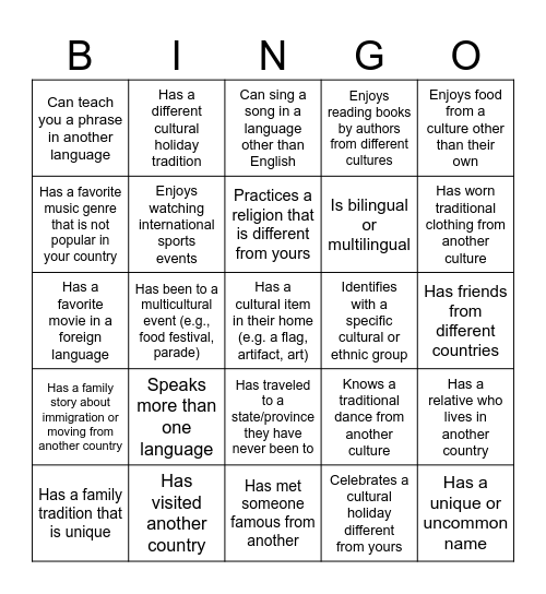 Cultural Bingo Card