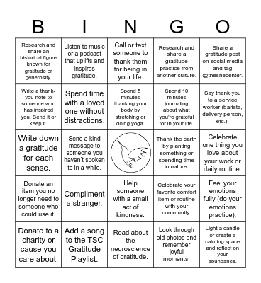 The She Center Gratitude Challenge Bingo Card