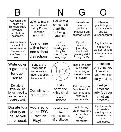 The She Center Gratitude Challenge Bingo Card