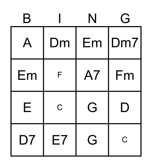 Guitar Chords Bingo Card