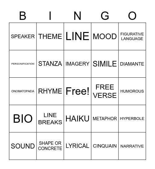 Poetry BINGO Card