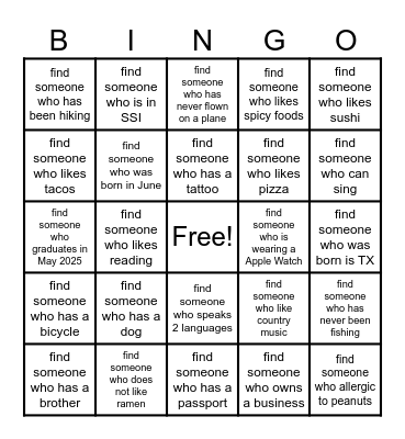 Get to Know You BINGO! Bingo Card