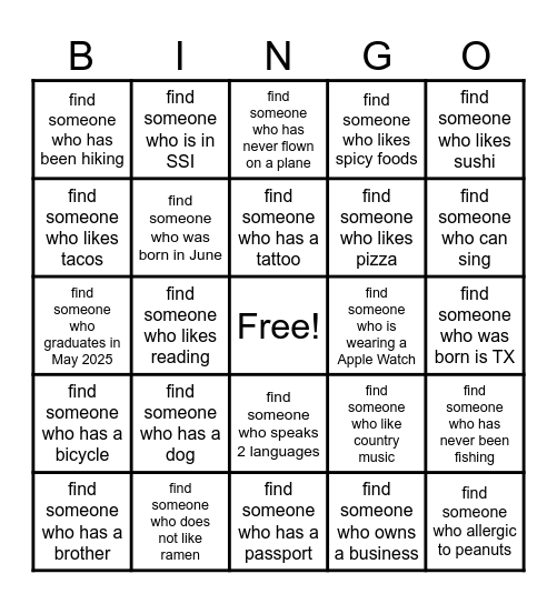 Get to Know You BINGO! Bingo Card