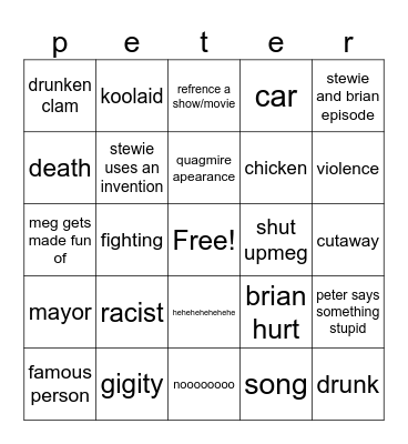 family guy Bingo Card