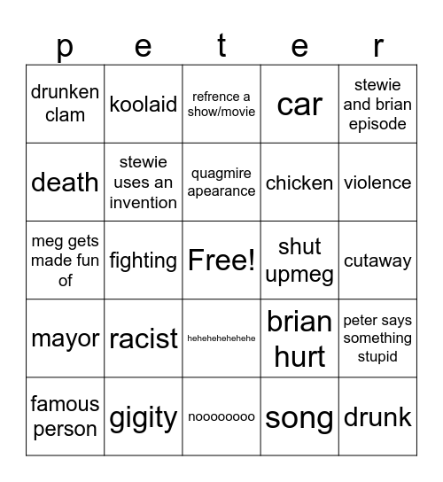 family guy Bingo Card