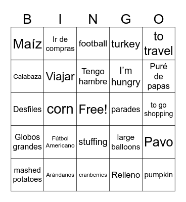 Spanish thanksgiving vocabulary. Bingo Card