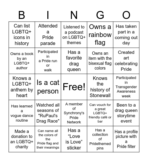 Pride Bingo Card