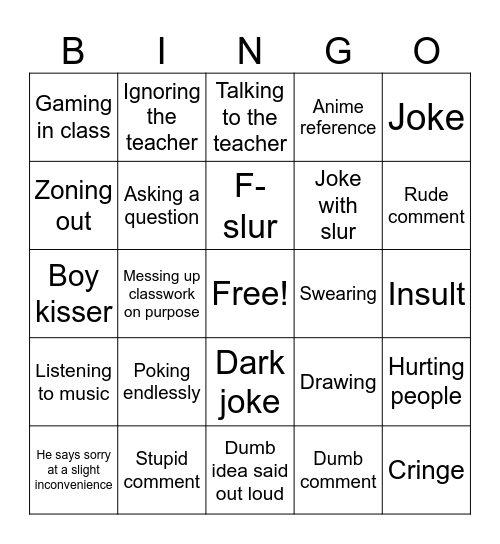 High School ‘Edgy’ Friend Bingo Card