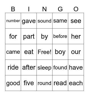 Sight Words Bingo Card