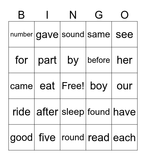 Sight Words Bingo Card