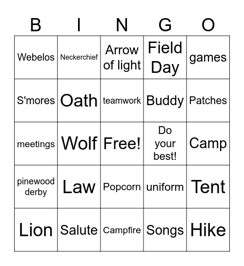 Cub Scout Bingo Card