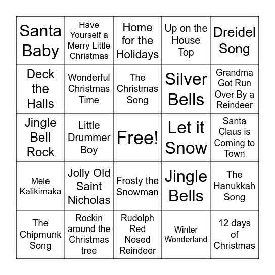 2024 Holiday Song Bingo Card