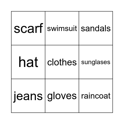 CLOTHES Bingo Card