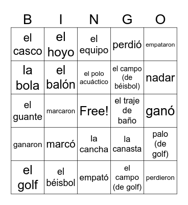Los deportes/equipo/verbos en el pasado Bingo Card