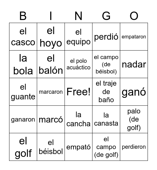 Los deportes/equipo/verbos en el pasado Bingo Card