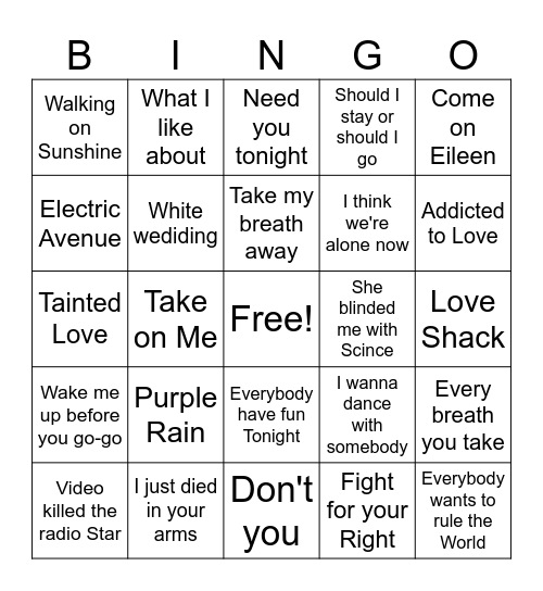 80's Hits Bingo Card