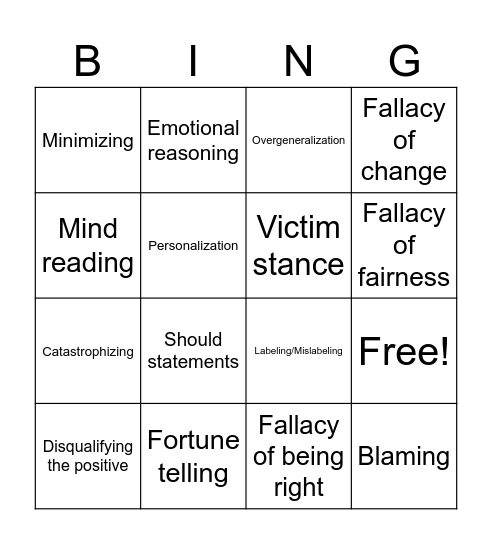 Thinking Error Bingo Card