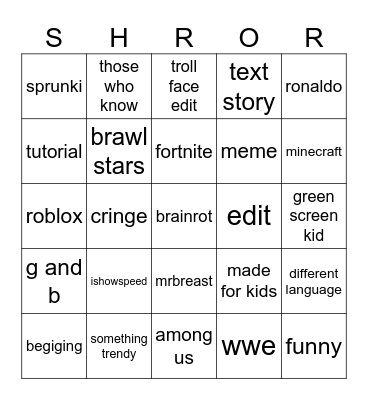 youtube shorts bingo Card