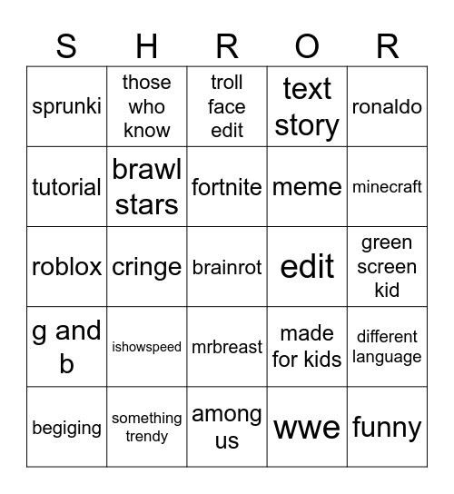 youtube shorts bingo Card