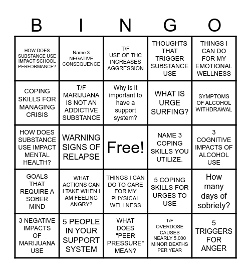 RELAPSE PREVENTION BINGO Card